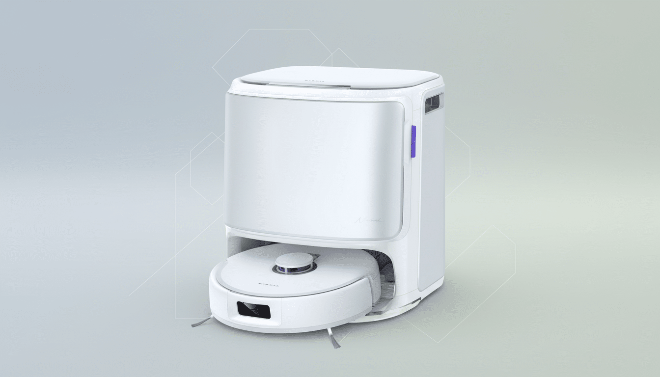 A white robotic vacuum cleaner docked in its charging station, presented on a professional flat design background with soft patterns and gradients.