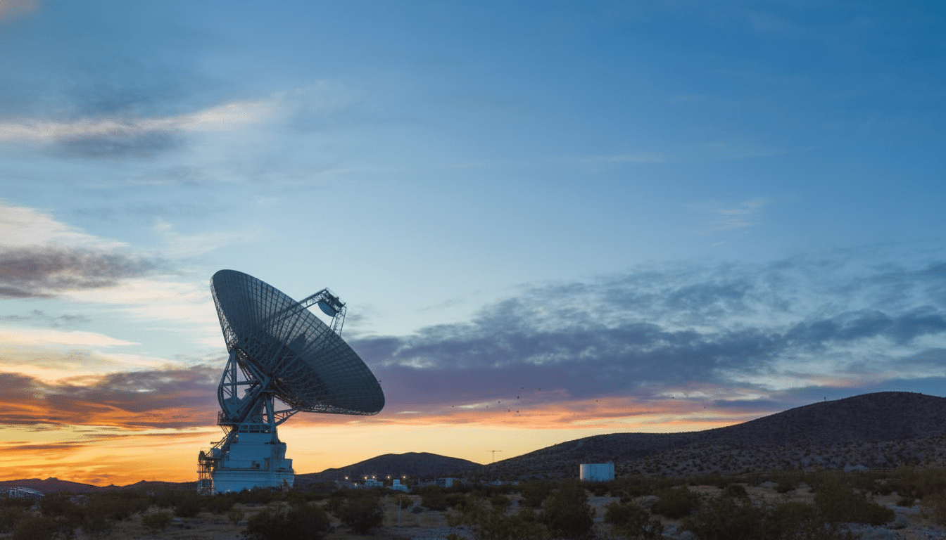 A large radio telescope dish stands against a vibrant sunset sky with hues of orange, purple, and blue, overlooking a desert landscape with hills.
