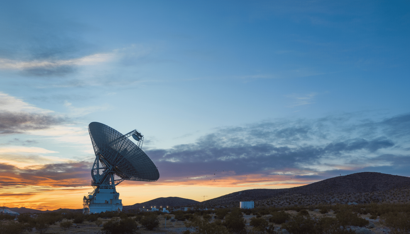 A large radio telescope dish stands against a vibrant sunset sky with hues of orange, purple, and blue, overlooking a desert landscape with hills.