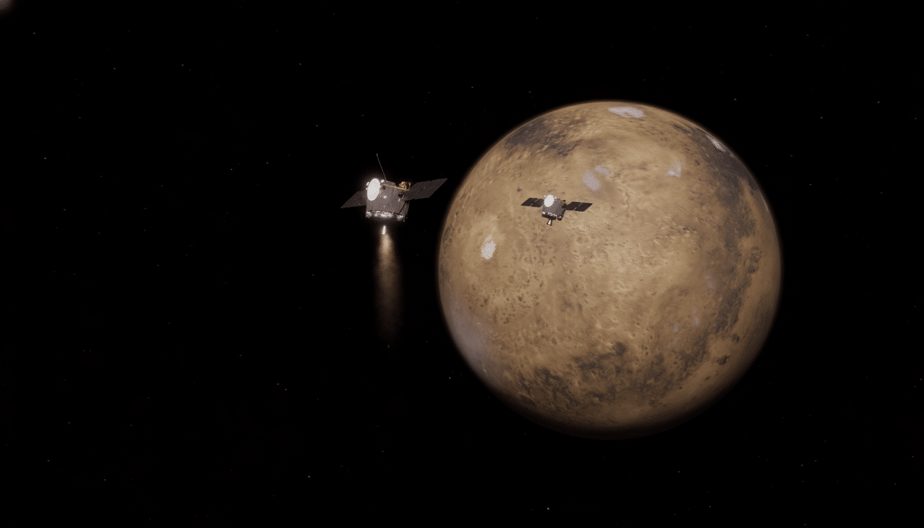 Two spacecraft orbiting a reddish-brown planet with visible craters and white polar caps against a black starry background.