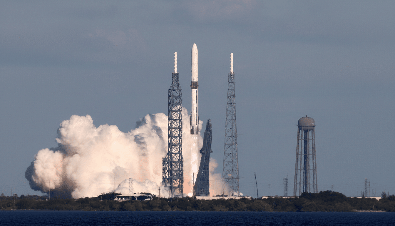 A rocket launching from a launchpad, surrounded by smoke and fire, with a water tower in the background.