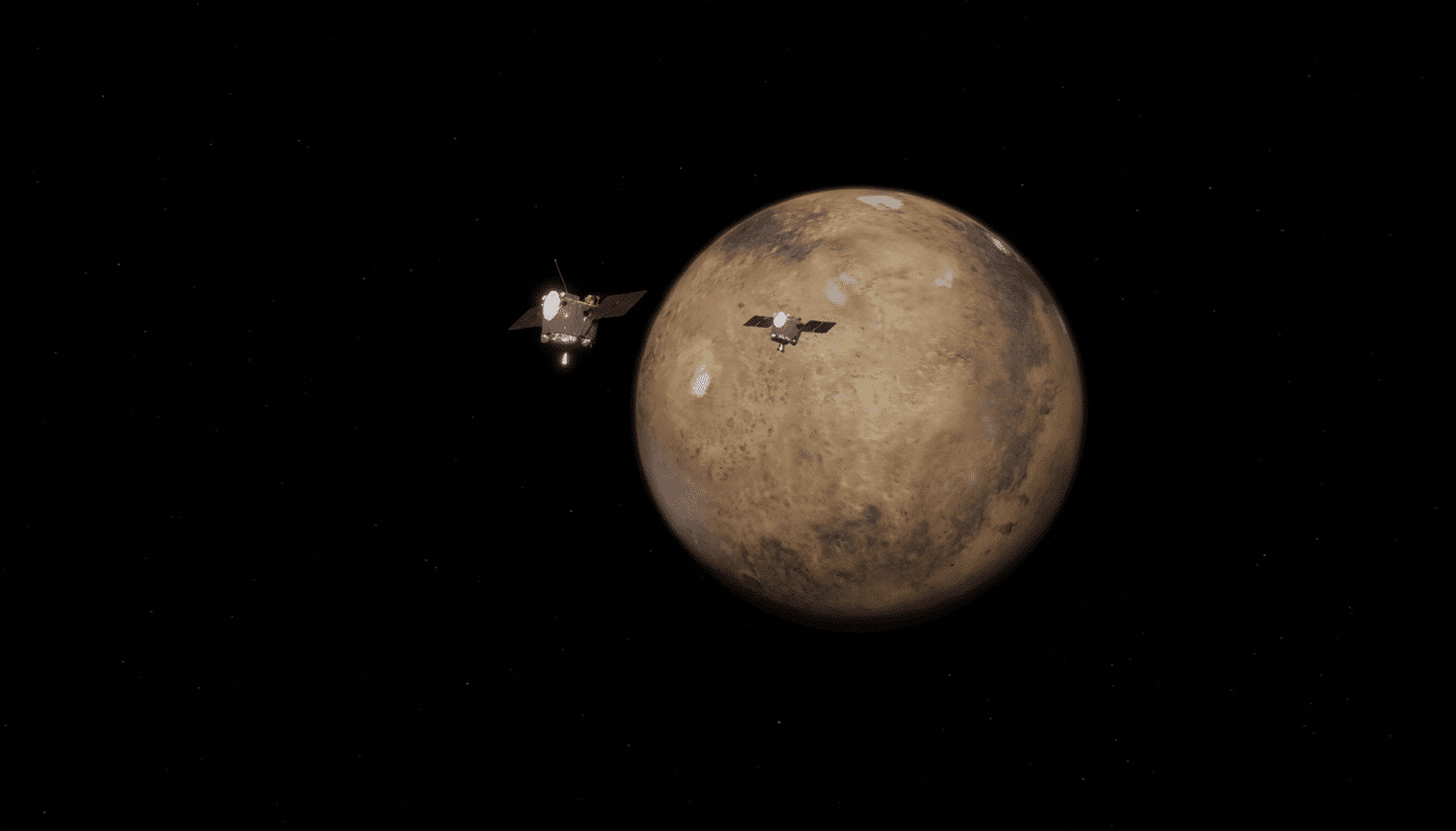 Two spacecraft orbiting Mars against a black, star-filled background.