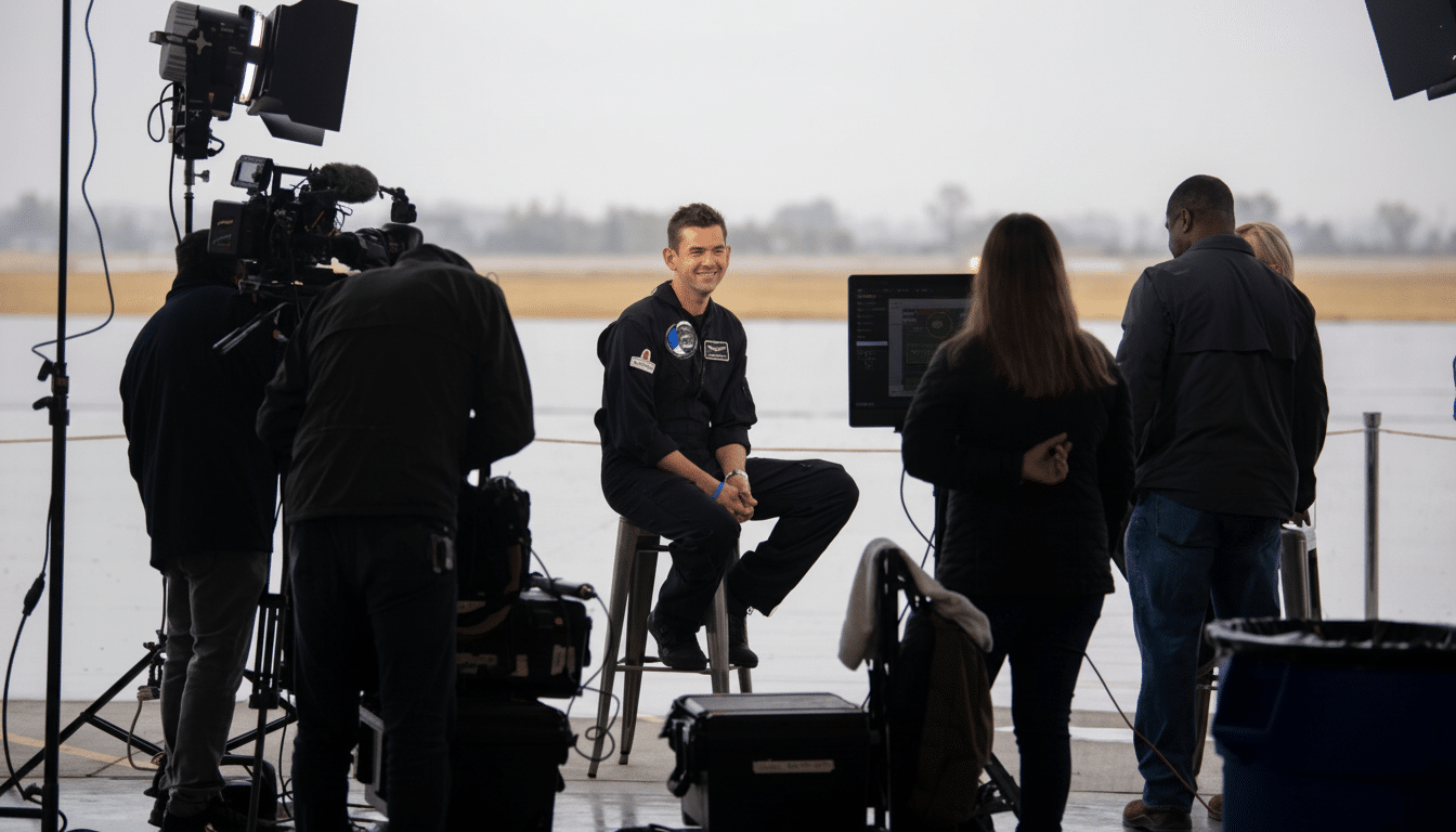 A man in a flight suit sits on a stool, smiling, as he is filmed by several cameras and crew members.