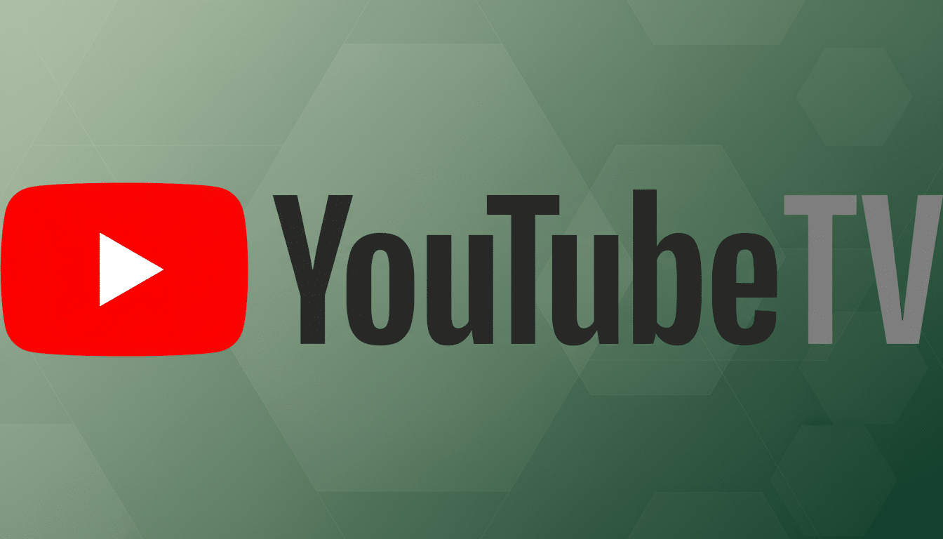 The YouTube TV logo, featuring a red play button icon and the words YouTube TV in black and gray, set against a professional flat design background with soft patterns and gradients.