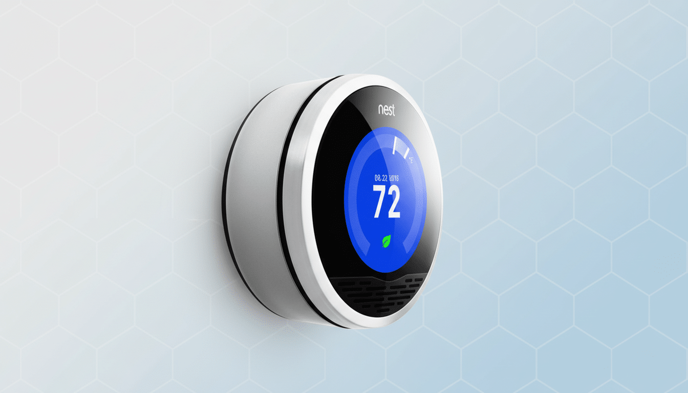 A Nest smart thermostat displaying a temperature of 72 degrees Fahrenheit, set against a professional light blue background with a subtle hexagonal pattern.