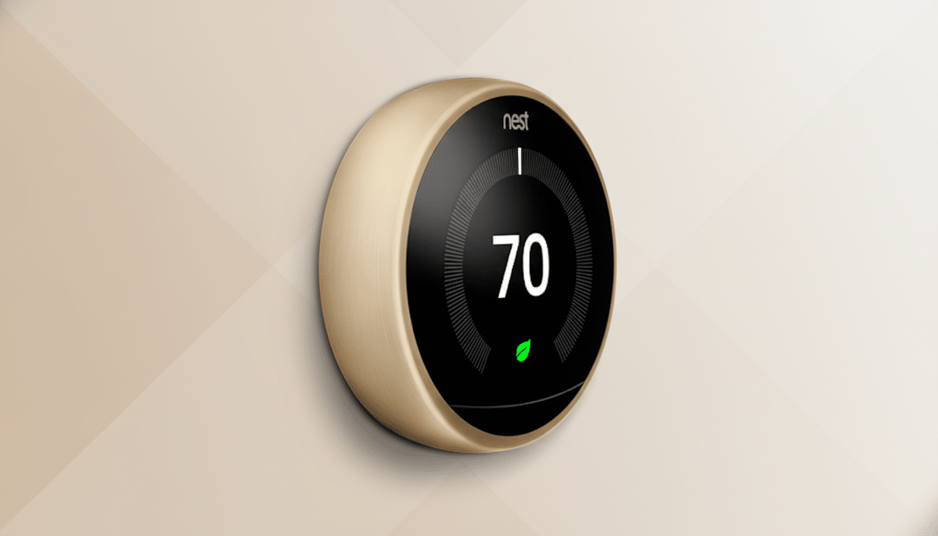 A gold Nest thermostat displaying 70 and a green leaf icon, set against a professional flat design background with soft patterns in a 16:9 aspect ratio.