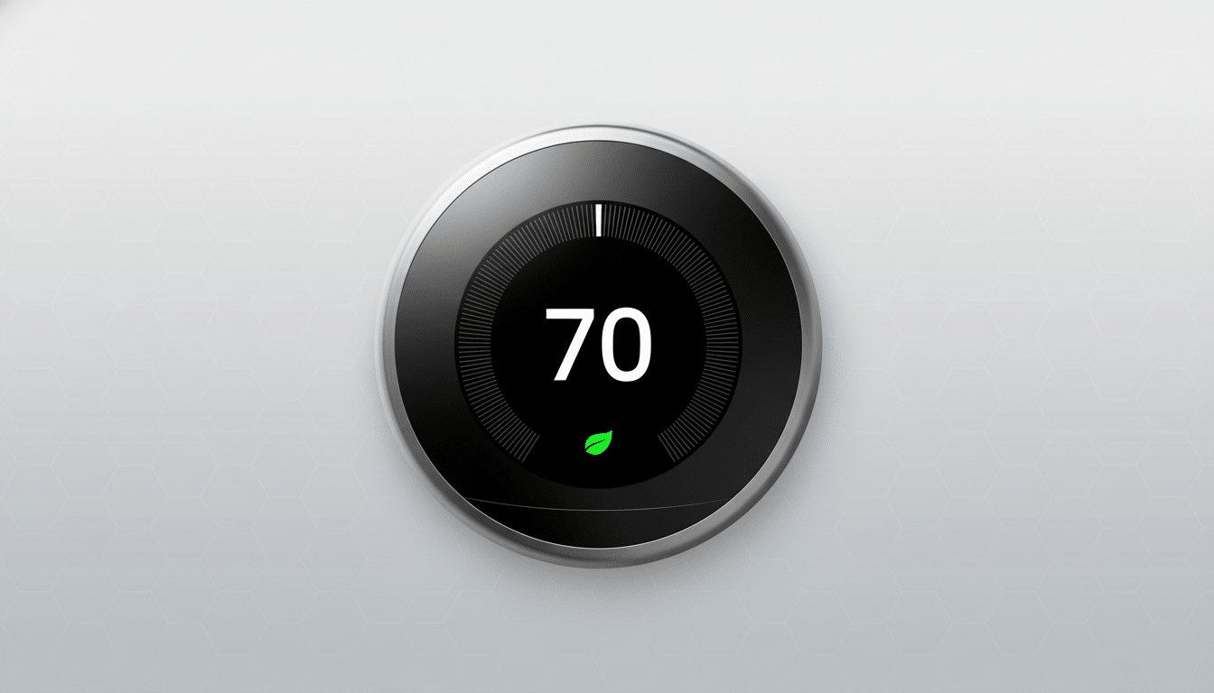 A smart thermostat displaying the temperature 70 degrees Fahrenheit, with a green leaf icon indicating energy efficiency, set against a professional light gray background with a subtle hexagonal pattern.