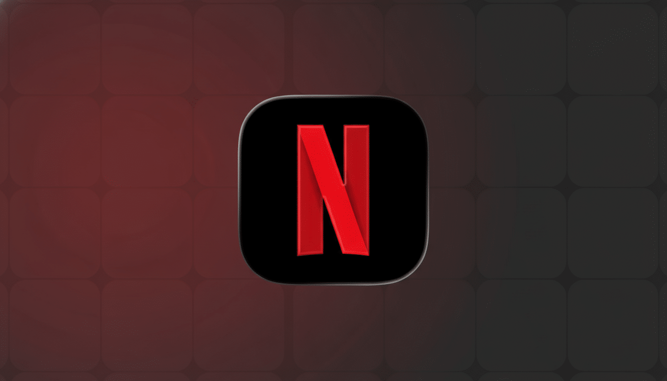 The Netflix app icon, featuring a red N on a black rounded square, set against a professional 16:9 background with a subtle red and black gradient and soft grid pattern.