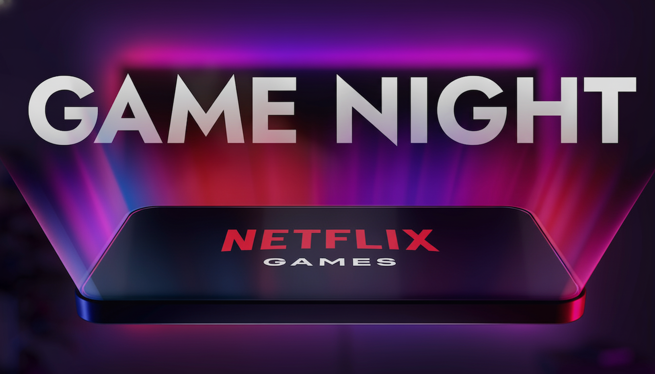 The image shows a black smartphone with the Netflix Games logo on its screen, positioned horizontally. Above the phone, the words GAME NIGHT are displayed in large white letters. The background features a vibrant gradient of purple and pink light rays emanating from behind the phone, creating a dynamic and engaging atmosphere.