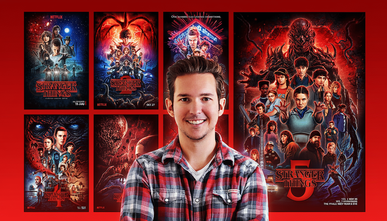 A man in a plaid shirt smiling, surrounded by various Stranger Things movie posters.