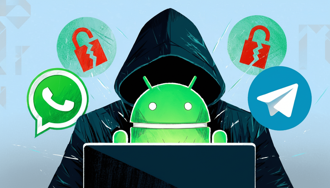 A hooded figure, representing a hacker, sits behind a laptop with the Android logo on the screen. Surrounding the figure are icons for WhatsApp and Telegram, along with two broken padlock symbols, all against a light blue background.