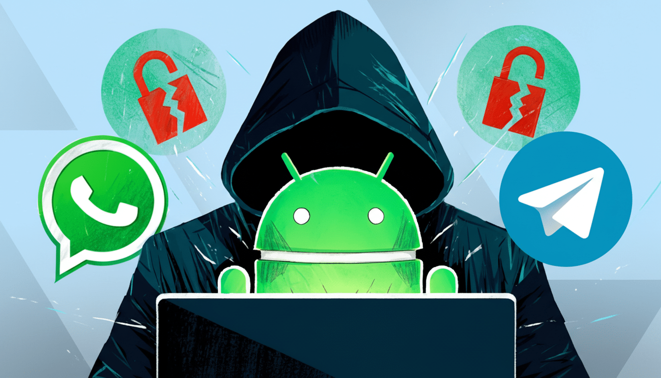 A hooded figure, representing a hacker, sits behind a laptop with the Android logo prominently displayed. Surrounding the figure are icons for WhatsApp and Telegram, along with two broken padlock symbols, suggesting compromised security.