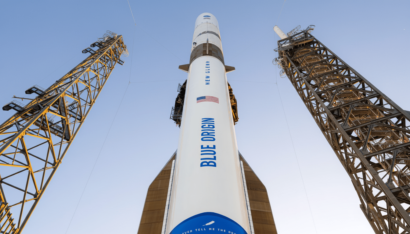A low-angle, wide shot of the Blue Origin New Glenn rocket standing tall between two launch towers, under a clear blue sky.