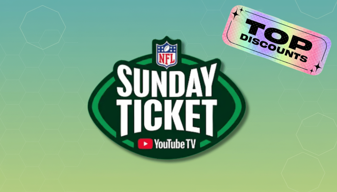 NFL Sunday Ticket YouTube TV logo with a Top Discounts tag on a professional flat design background with soft patterns and gradients.