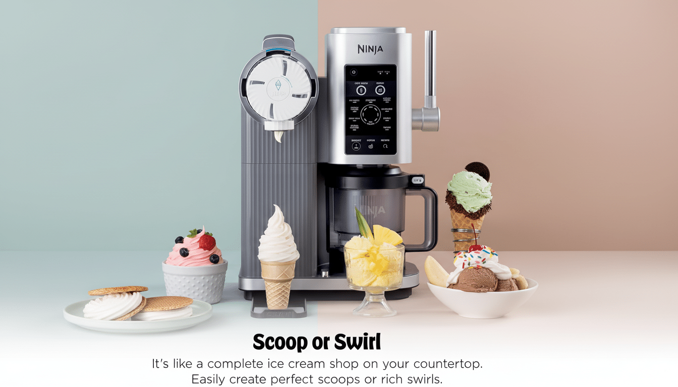 A Ninja Creami machine on a split background of light blue and light brown, surrounded by various ice cream and dessert creations.
