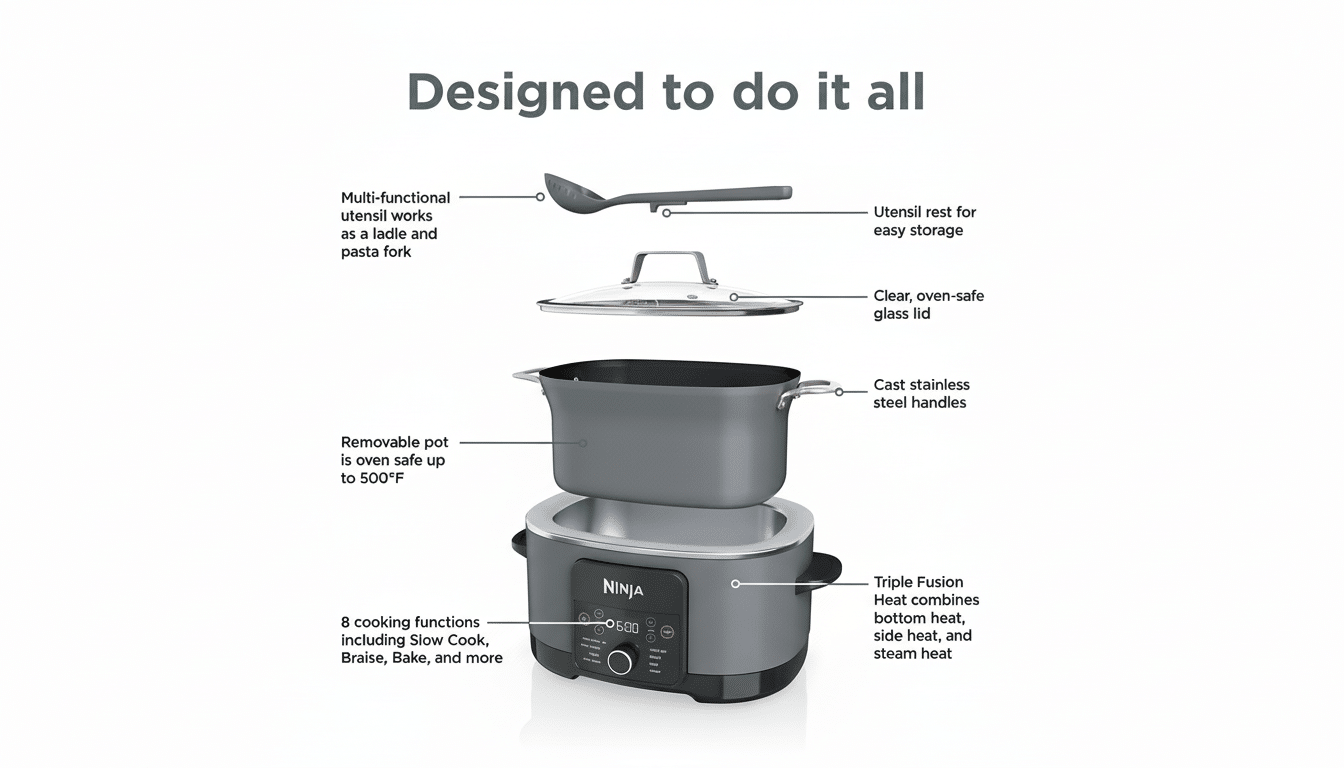 A Ninja Foodi multi-cooker with its components and features labeled, presented on a clean white background with a 16:9 aspect ratio.