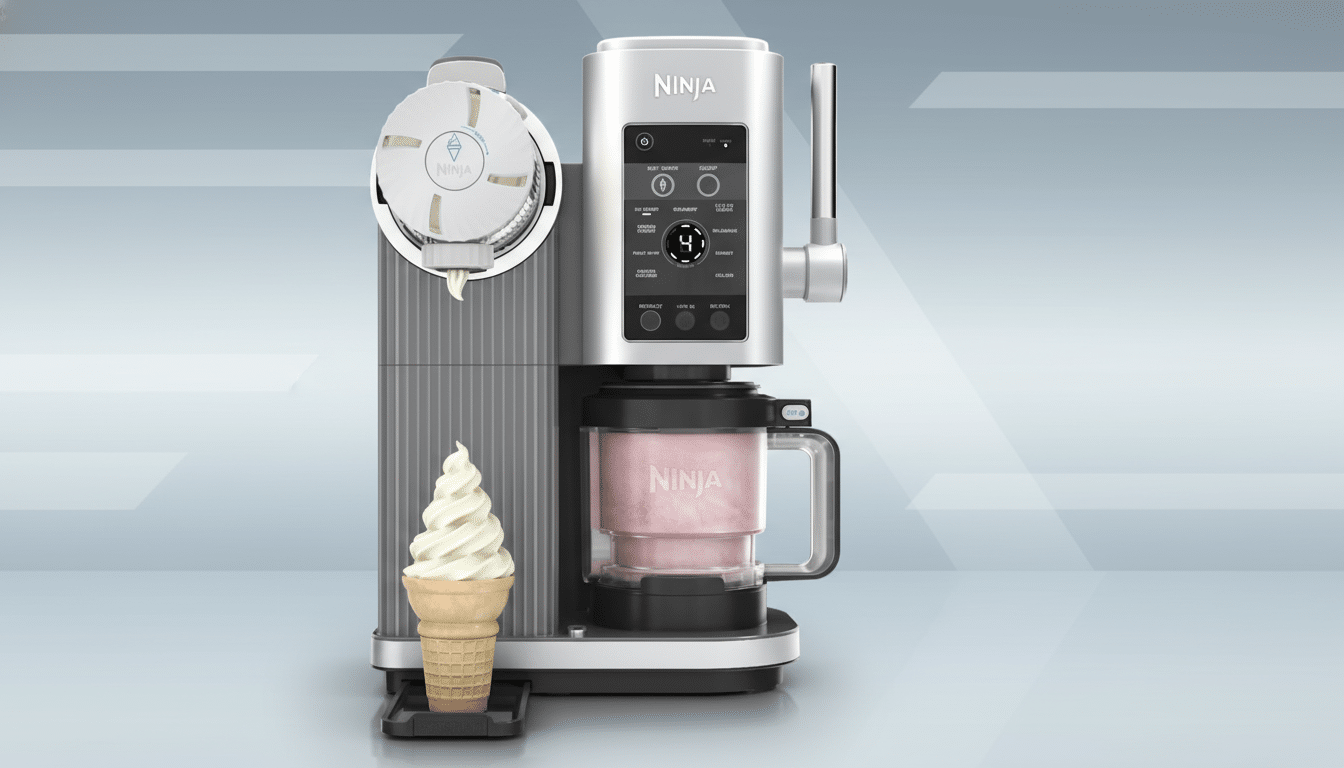 A Ninja Creami Deluxe ice cream maker with a soft-serve cone and a container of pink ice cream, set against a professional flat design background with soft patterns.