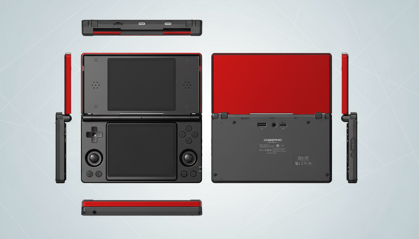 A professional flat design image of a black and red handheld gaming console, shown from multiple angles, on a light gray background with subtle patterns.