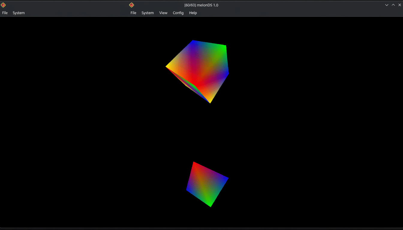 A screenshot of the melonDS 1.0 emulator displaying two colorful, faceted 3D shapes on a black background, resized to a 16:9 aspect ratio.