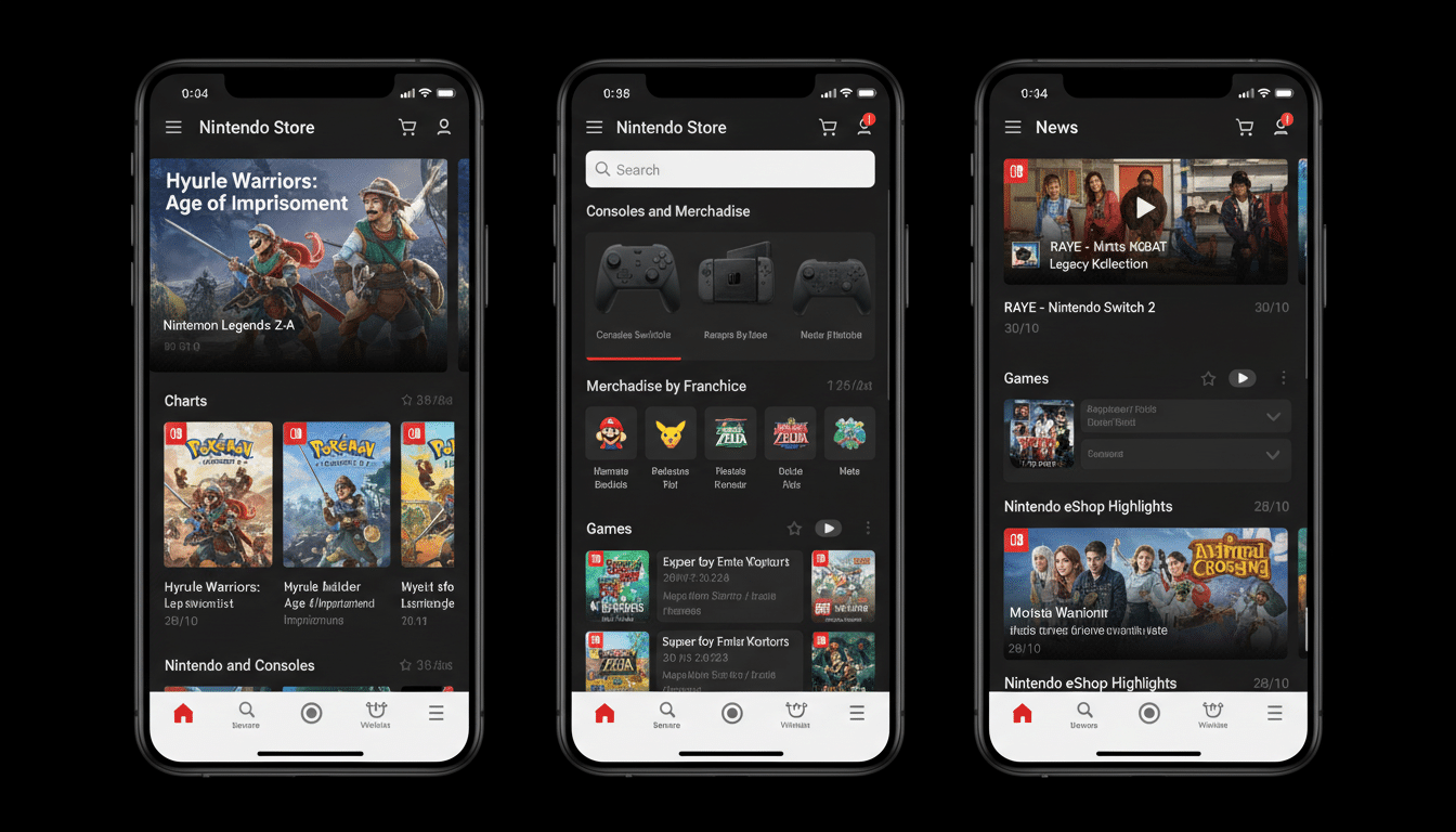 A professional, enhanced image of three mobile phone screens displaying a Nintendo Store app interface. The screens show sections for games, consoles, merchandise, and news, all presented with a clean, dark theme and red accents.