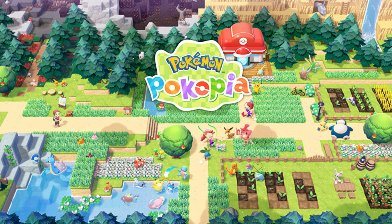 A vibrant, top-down view of the Pokémon Pokepia game world, featuring various Pokémon characters, trees, paths, water, and cultivated fields, all rendered in a charming, cartoonish style.