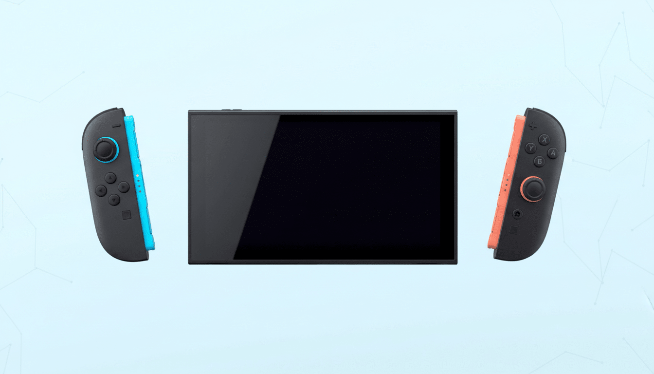 A Nintendo Switch console with its screen in the center, flanked by a blue Joy-Con on the left and an orange Joy-Con on the right, all set against a light blue background with subtle geometric patterns.
