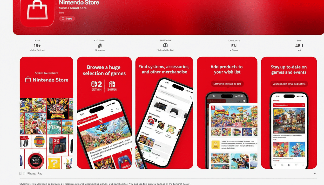 A screenshot of the Nintendo Store app page, featuring a red banner with the Nintendo Store logo and app details, followed by five sections showcasing different features of the app, such as browsing games, finding merchandise, adding to a wish list, and staying updated on events.