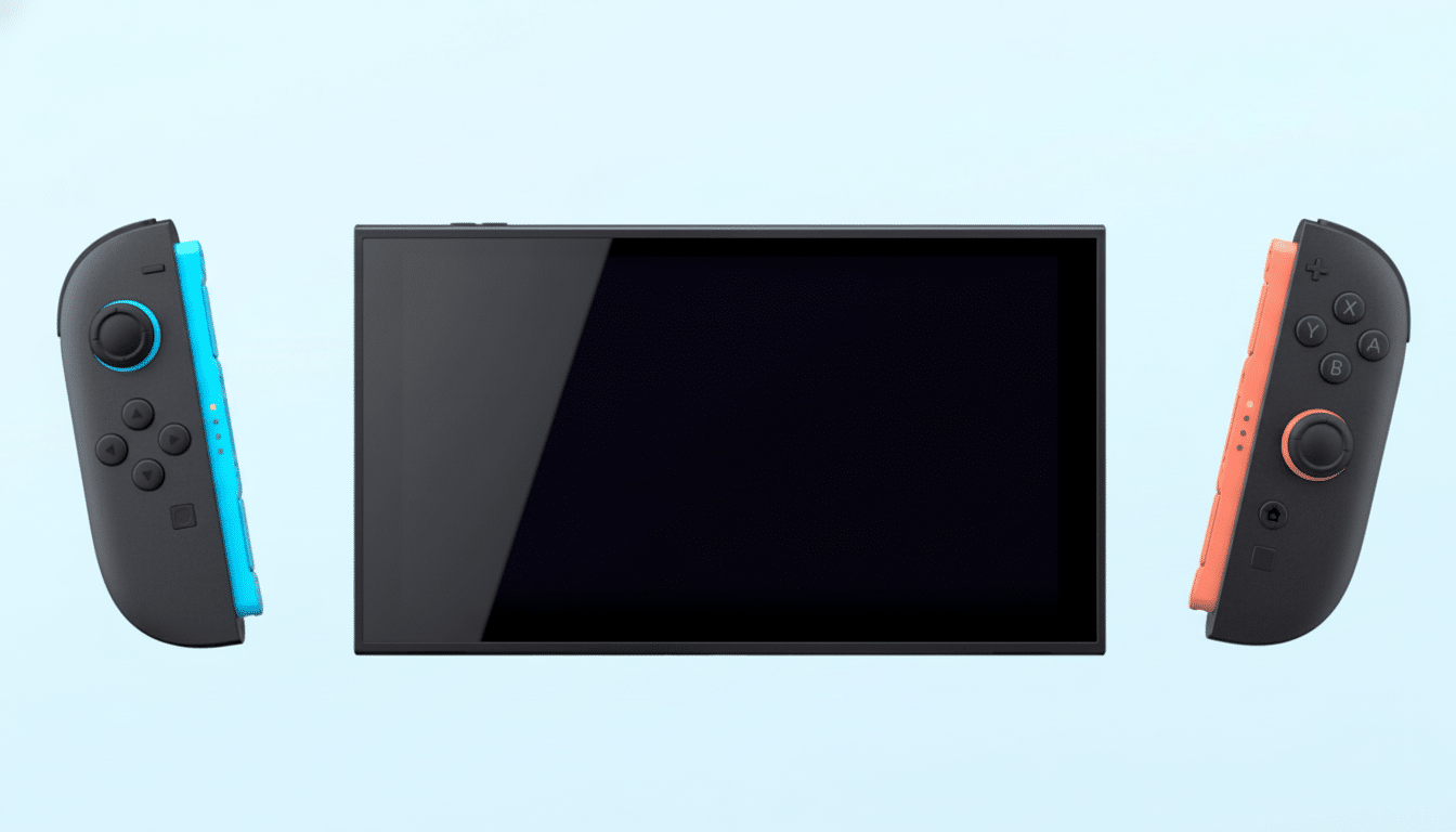 A Nintendo Switch console with its screen in the center, flanked by a blue Joy-Con controller on the left and an orange Joy-Con controller on the right, all set against a light blue background.