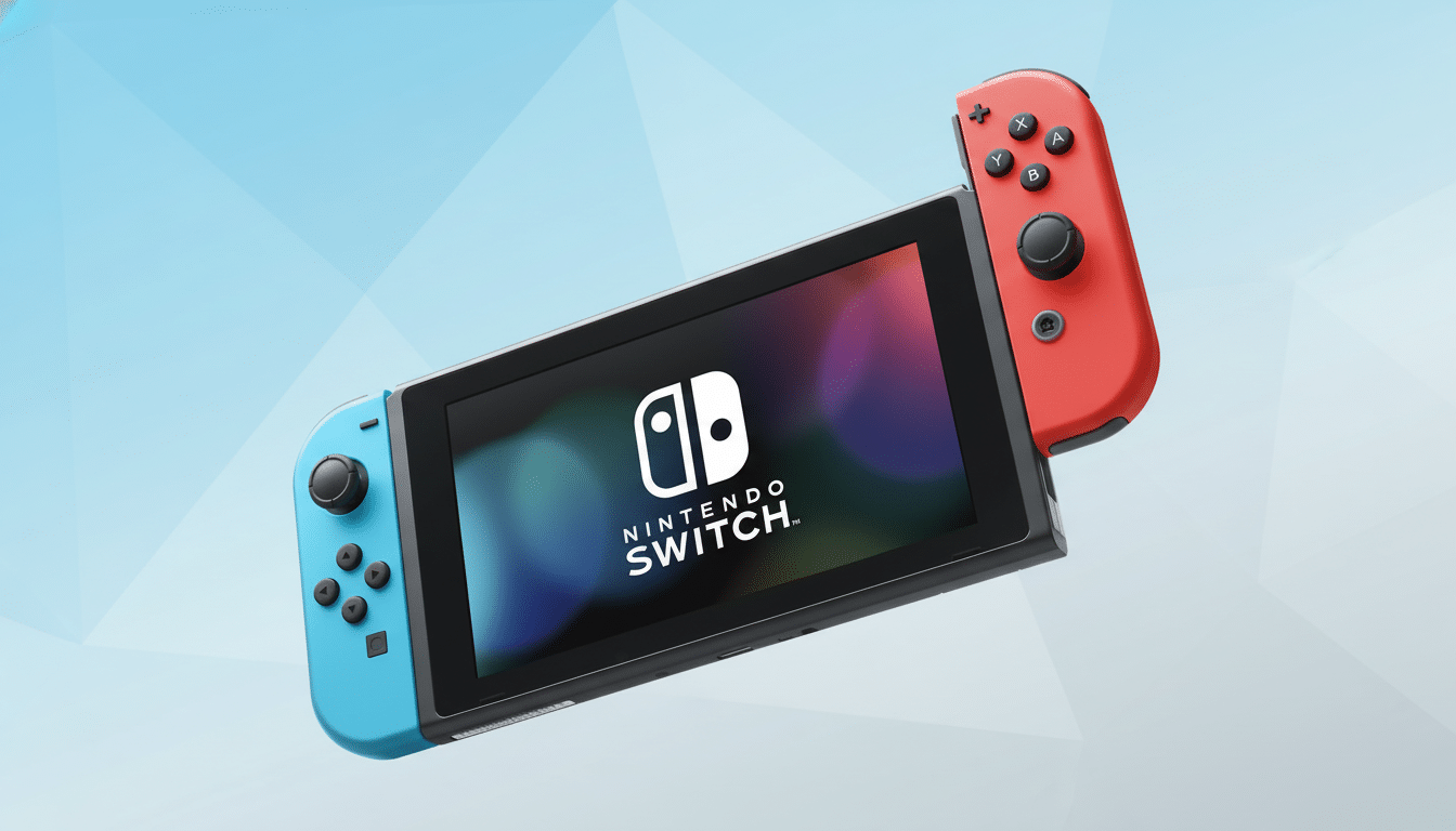 A Nintendo Switch console with blue and red Joy-Cons, set against a professional blue gradient background with subtle geometric patterns.