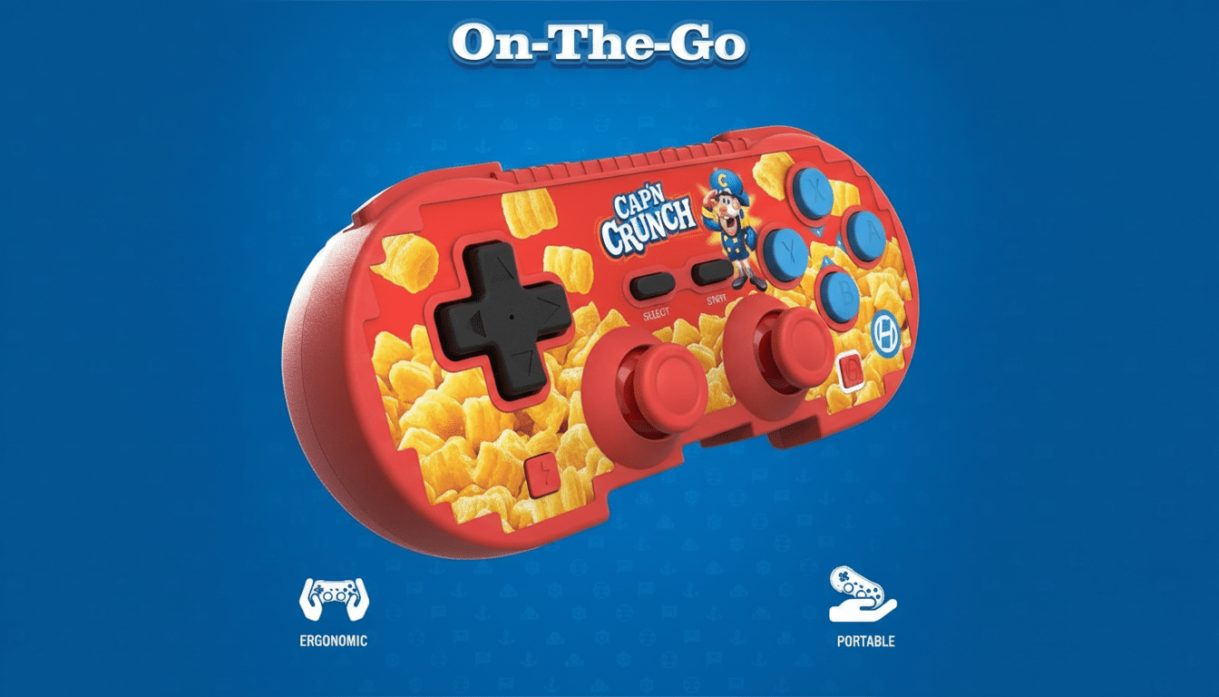 A red video game controller with a Capn Crunch cereal design, set against a blue background with On-The-Go text and icons for Ergonomic and Portable.