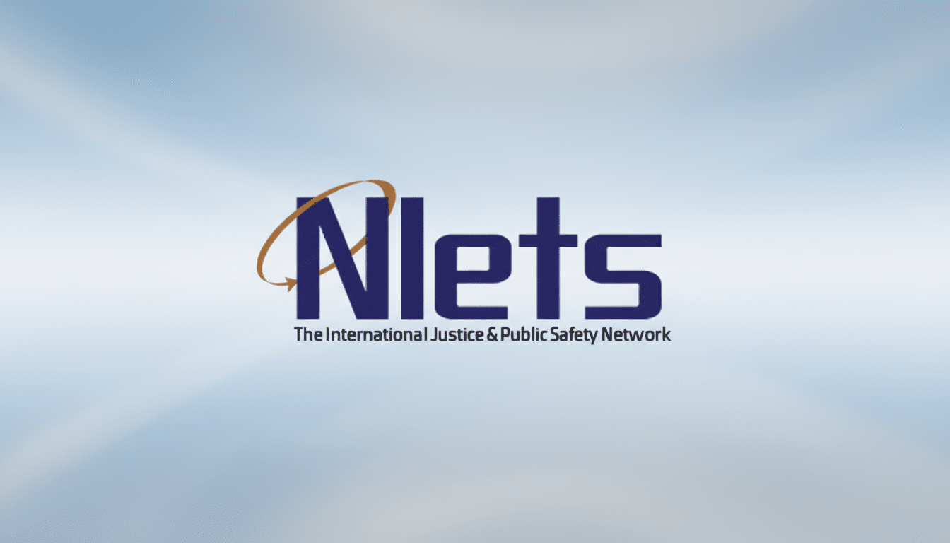 The Nlets logo, featuring Nlets in dark blue with a golden-brown swoosh around the N, and the tagline The International Justice & Public Safety Network below, set against a professional light blue gradient background.