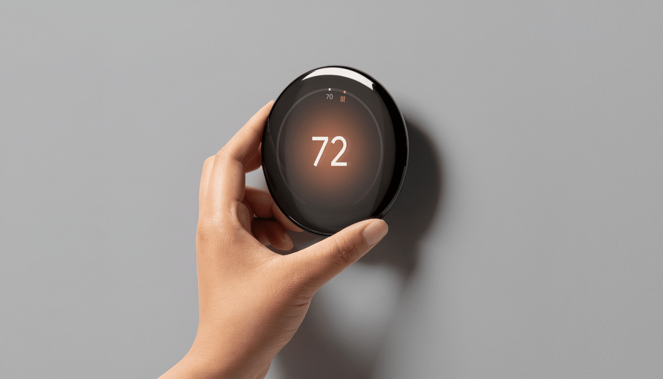 A hand adjusting a smart thermostat displaying the temperature 72.