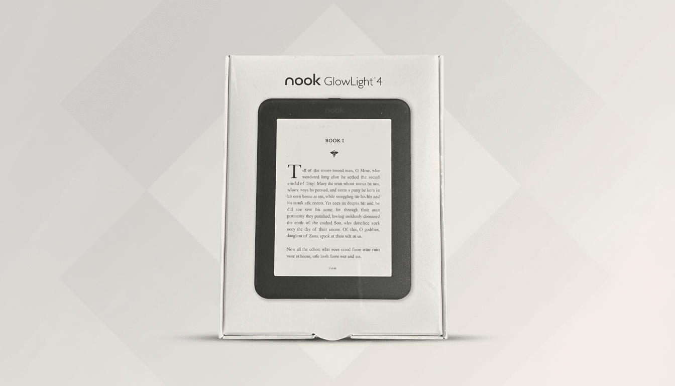 A Nook GlowLight 4 e-reader in its packaging, set against a professional flat design background with soft patterns.