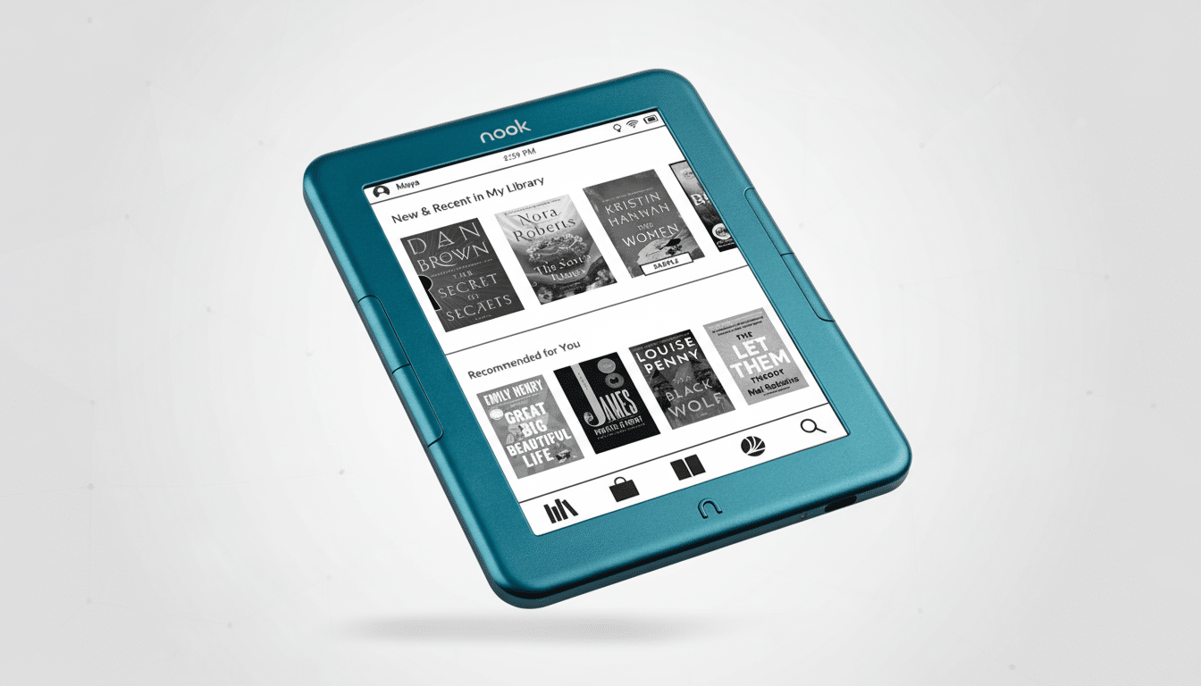 A teal Nook e-reader displaying book covers on its screen, set against a professional flat design background with a subtle gradient.