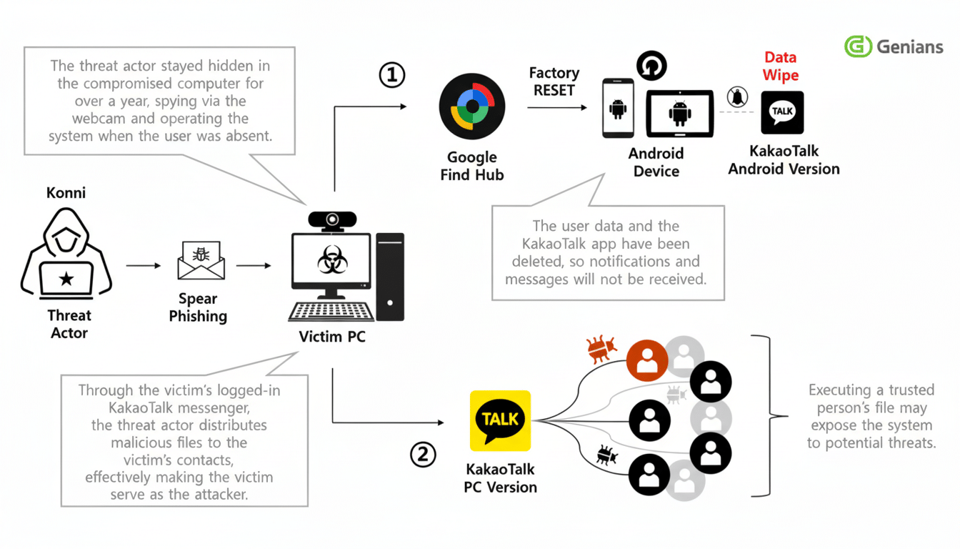 A diagram illustrating a cyberattack scenario involving spear phishing, a compromised PC, and the distribution of malicious files through KakaoTalk, with a focus on data wiping and potential threats.