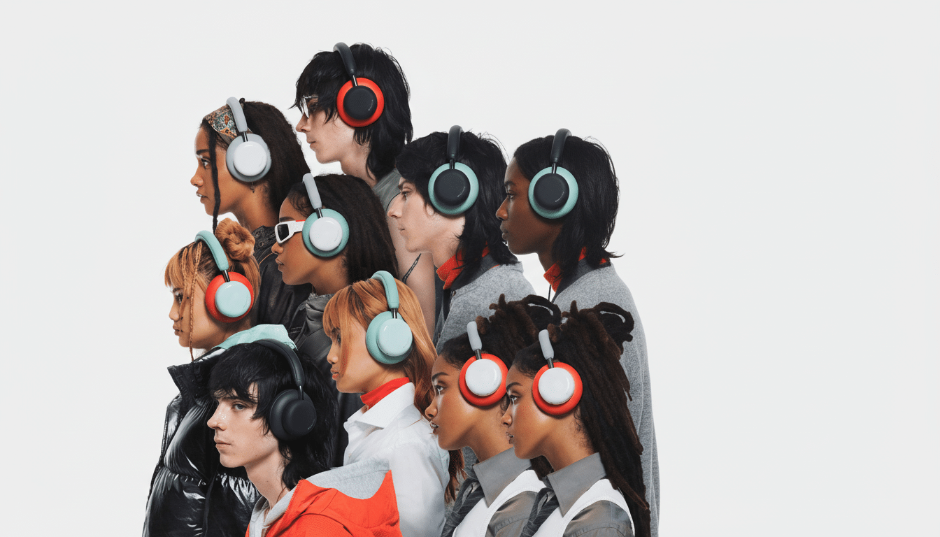 A group of diverse young people wearing colorful headphones, looking in various directions against a white background.