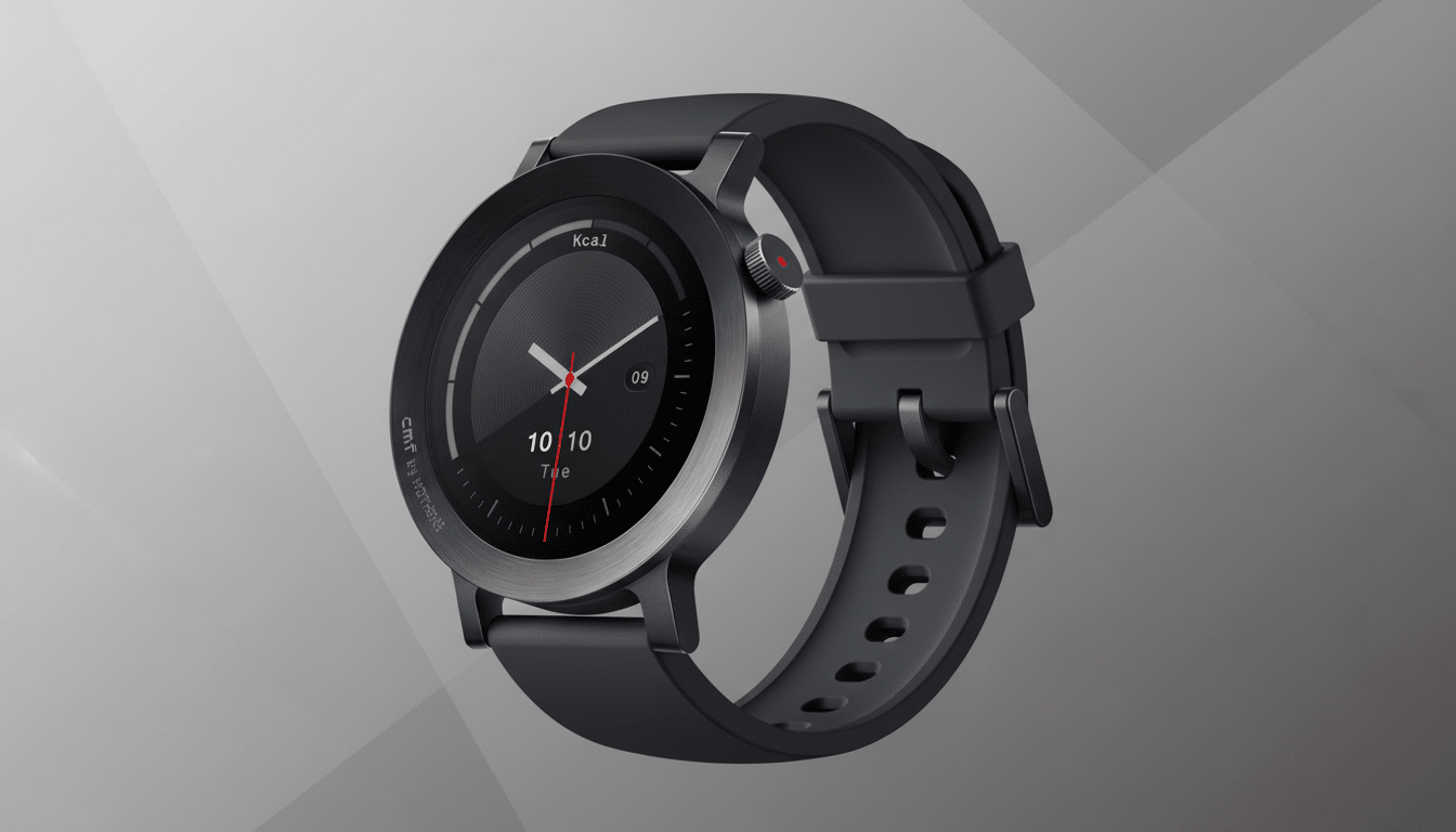A black smartwatch with a round face and a black strap, displayed against a professional grey background with subtle geometric patterns.