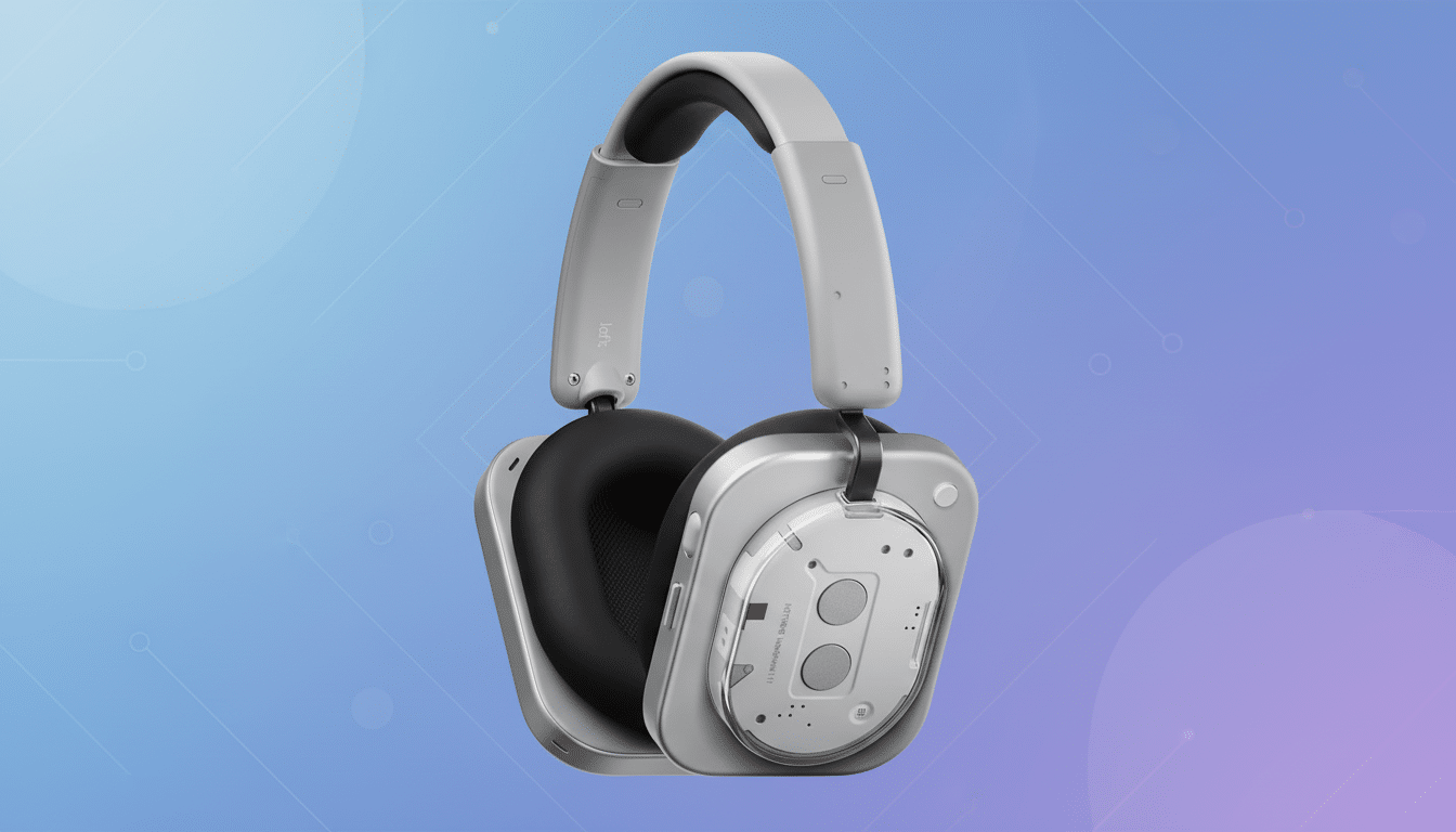 A pair of Nothing Ear (2) headphones in white and black, presented on a professional flat design background with soft blue and purple gradients and subtle geometric patterns.