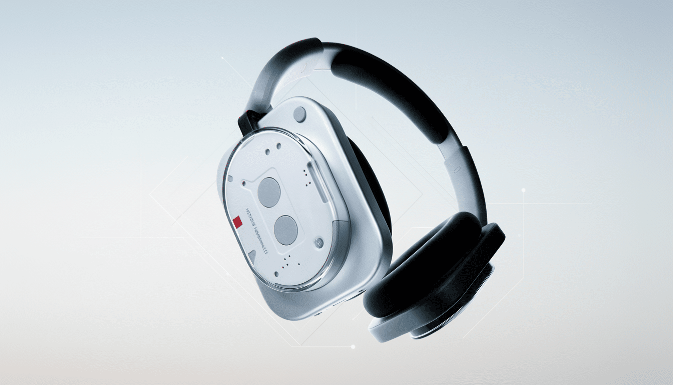 A pair of modern, silver and black over-ear headphones with a white earcup featuring two circular buttons, presented on a professional light blue and white gradient background with subtle geometric lines.