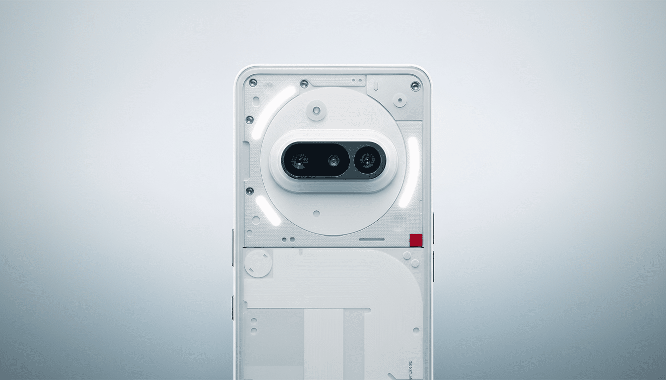 A white smartphone with a transparent back, revealing internal components and glowing LED strips, presented in a 16:9 aspect ratio with a clean, professional background.