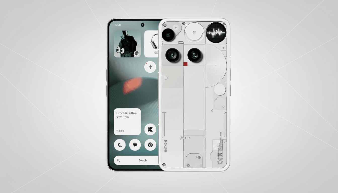 A Nothing Phone (2) in white, shown from the front and back, with a professional flat design background.