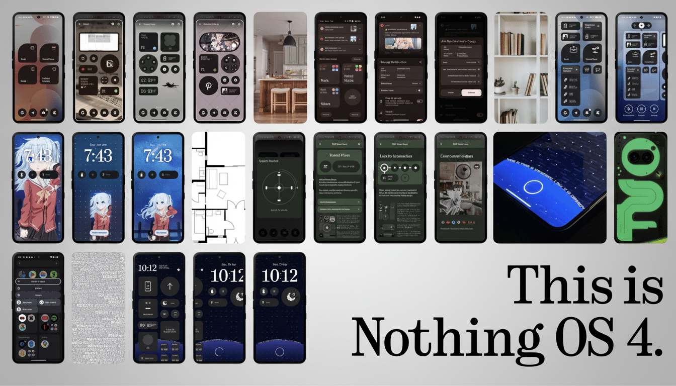 A collage of smartphone screens showcasing various interfaces and features, with the text This is Nothing OS 4. in the bottom right corner.