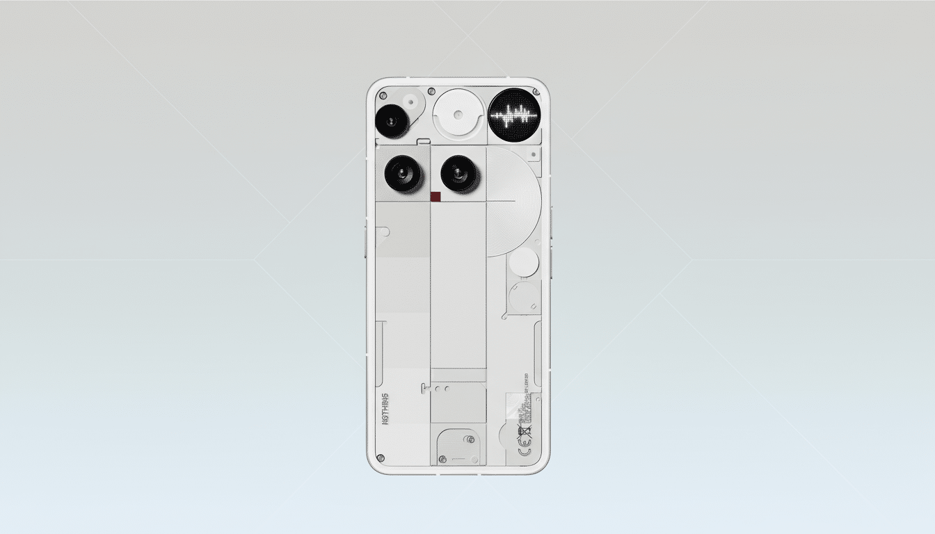 A Nothing Phone (2) in white, viewed from the back, with a transparent design revealing internal components. The phone is centered on a professional flat design background with soft gray and white patterns.