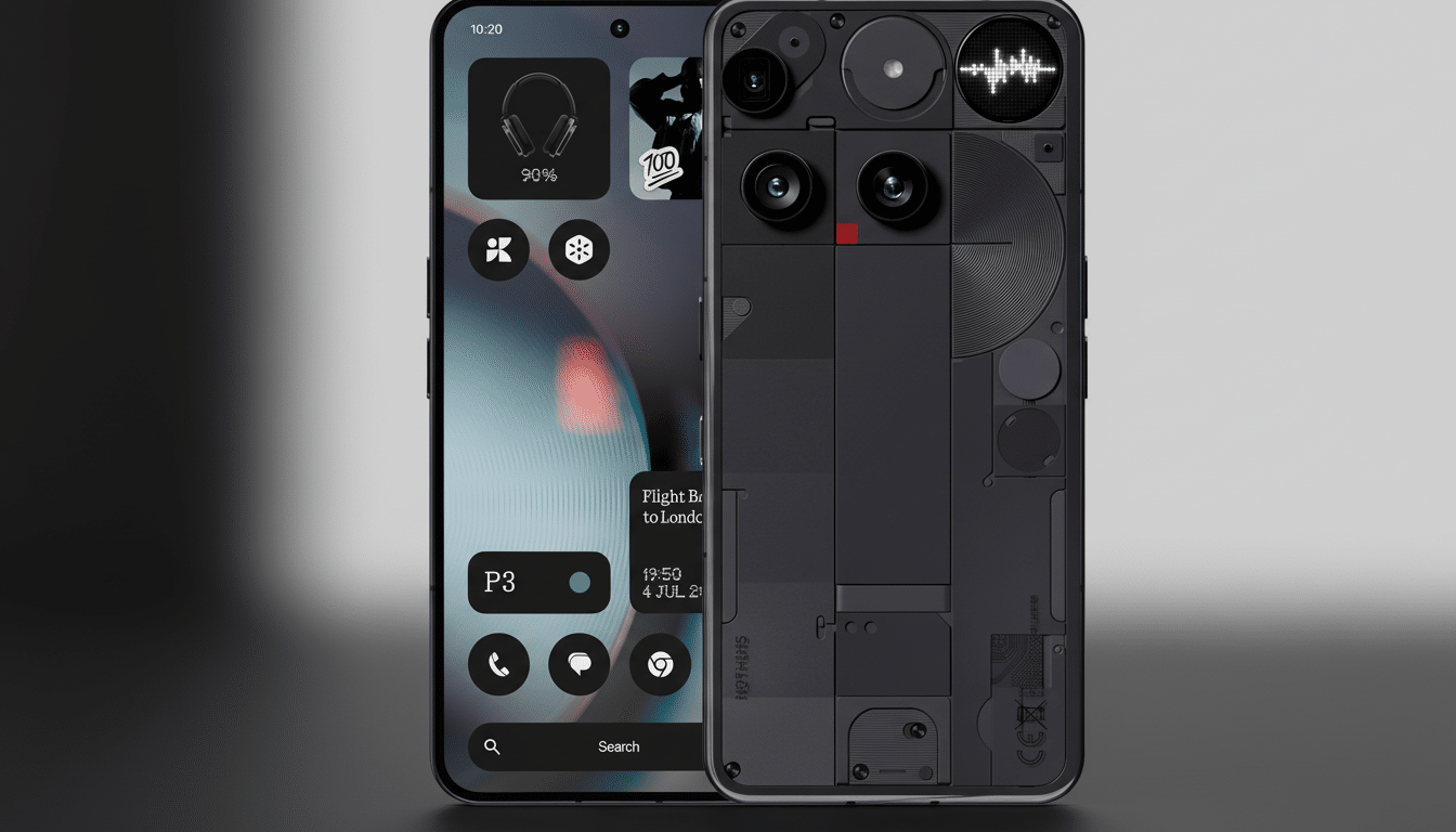 A Nothing Phone (2) in dark gray, shown from the front and back, with a professional flat design background.