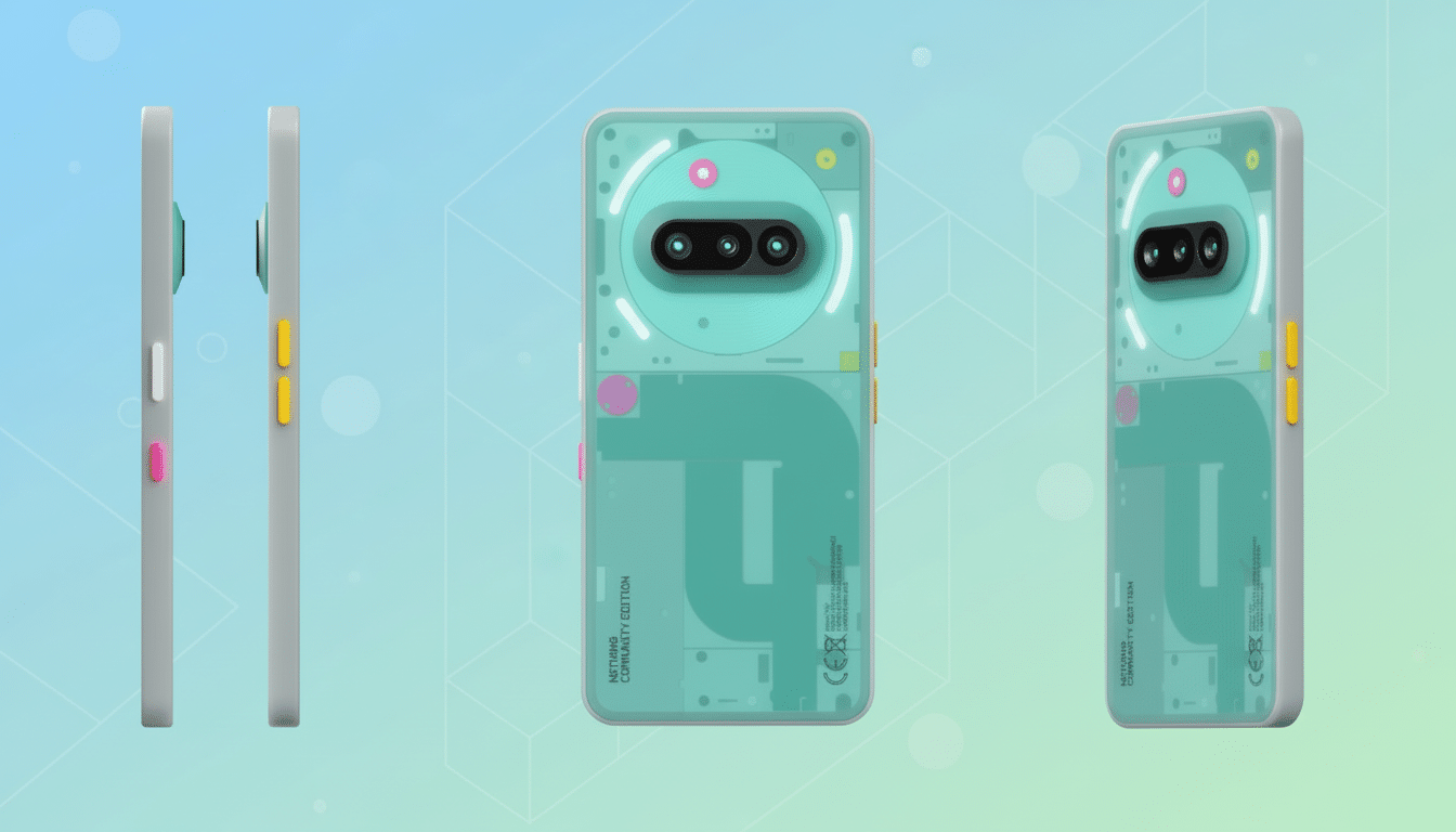 A Nothing Phone (2a) Community Edition smartphone displayed from multiple angles, featuring a transparent teal back with visible internal components and colorful accents, set against a professional gradient background.