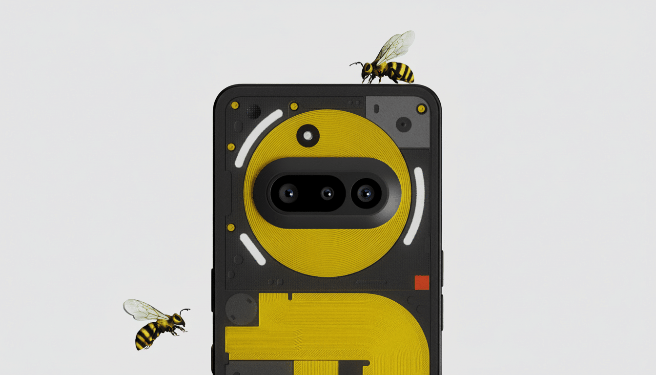 A black smartphone with yellow internal components visible, featuring a dual-camera system, is presented against a clean, light gray background. Two bees are positioned around the phone, one on the top right and another on the bottom left, adding a touch of nature to the tech product.