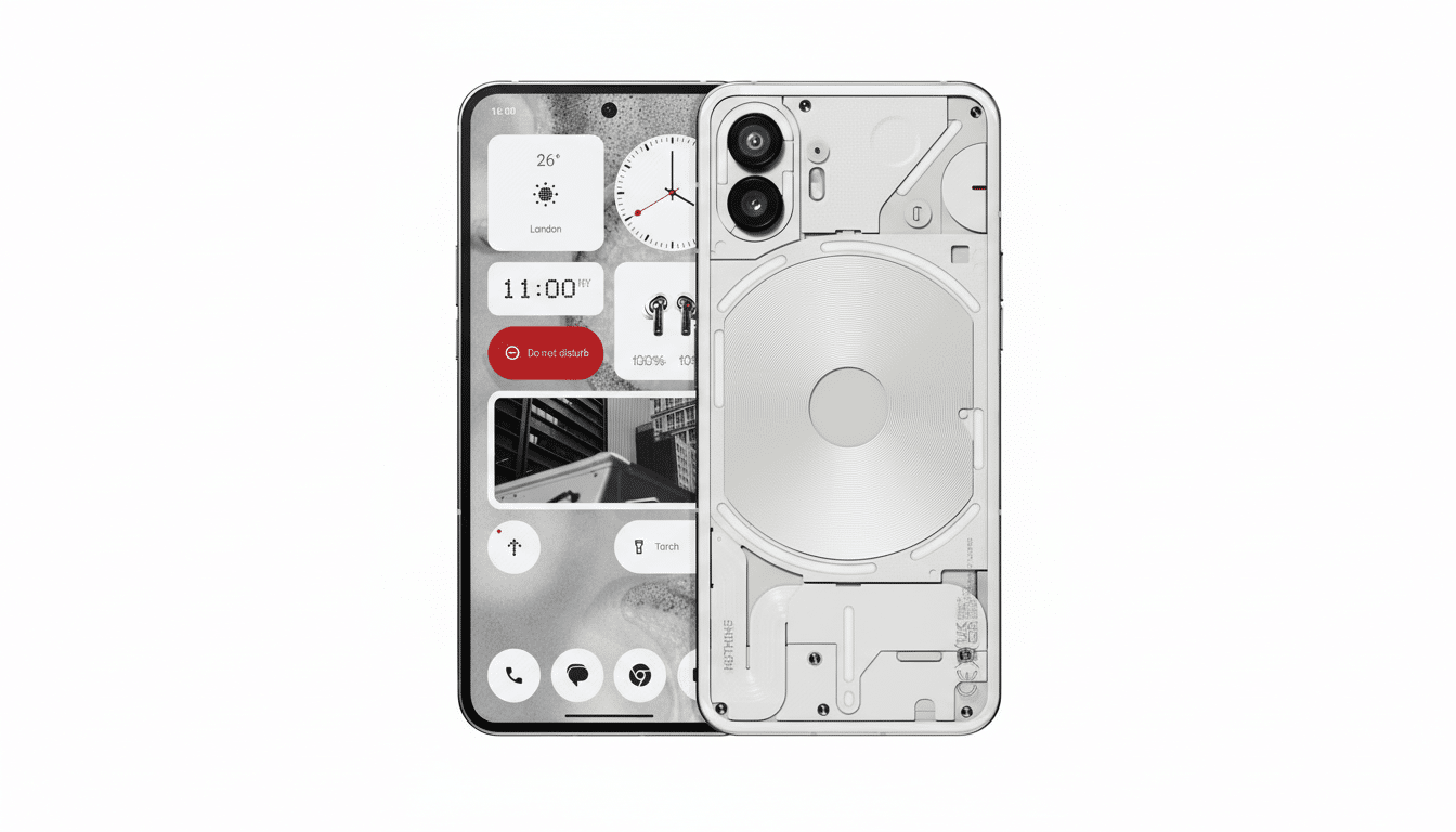 A white Nothing Phone (2) is displayed with its front screen showing widgets and its transparent back revealing internal components, set against a clean white background.