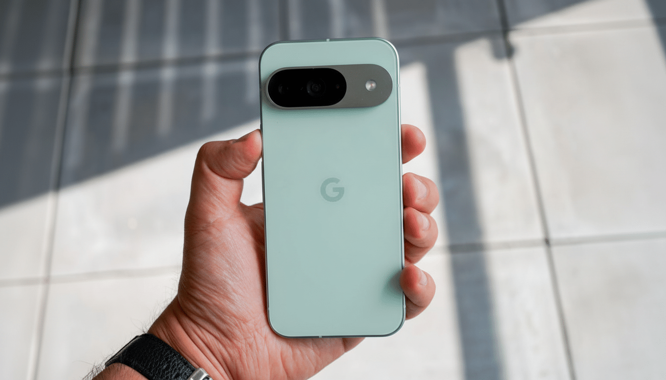 A hand holding a light green Google Pixel phone, resized to a 16:9 aspect ratio with the original background.