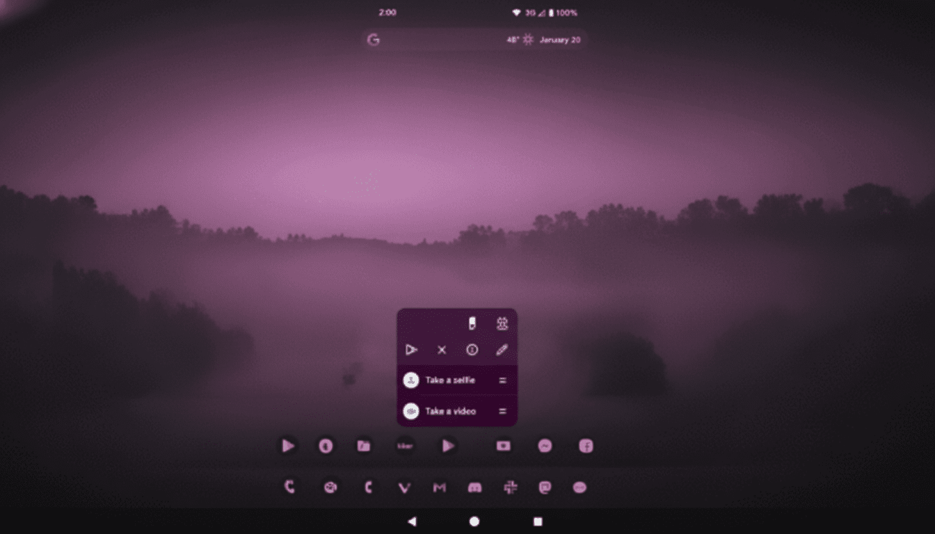 A smartphone screen displaying a purple-tinted landscape background with a floating menu in the foreground offering options like Take a selfie and Take a video.