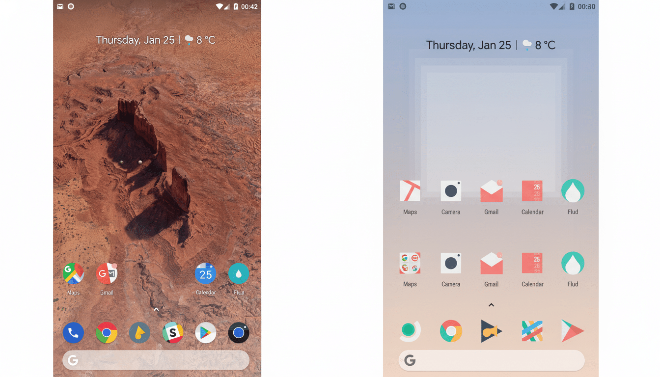 Two mobile phone screens are displayed side-by-side. The left screen shows a desert landscape background with app icons for Maps, Gmail, Calendar, and Flud, along with other Google apps. The right screen has a soft gradient background with similar app icons. Both screens show the date Thursday, Jan 25 and the temperature 8 °C at the top.